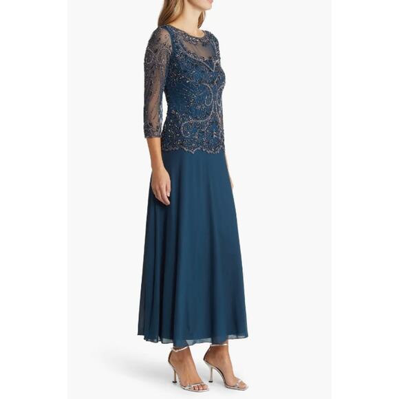 PISARRO NIGHTS Beaded Mesh Gown Size 4 Blue Rich Sapphire Mock Two-Piece NWT - Picture 2 of 13
